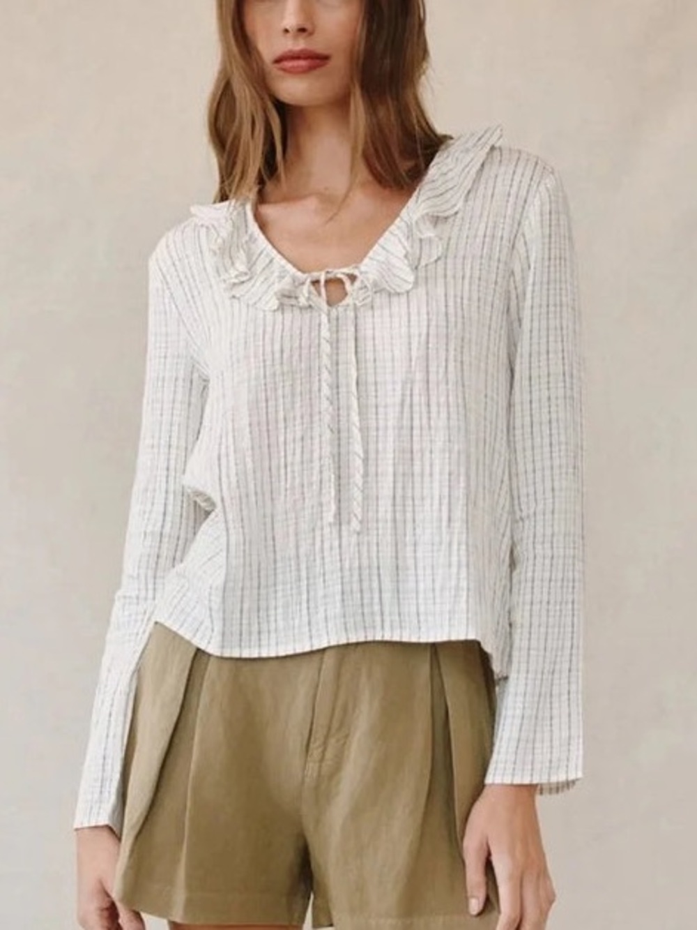 Bella Dahl Off White Cream Ruffle-Neck Tie Lightweight Long-Sleeve Blouse Top